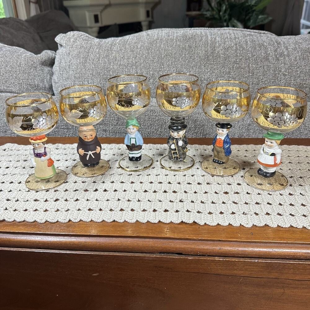 Vtg Goebel Hummel Figurine Cordial Wine Glasses 22k Gold Gilding Set 6 Germany